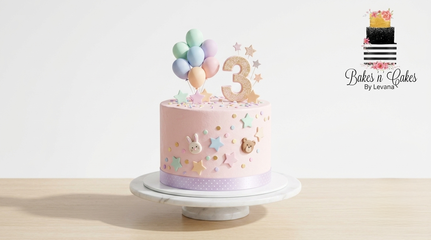 Pink birthday cake with pastel balloon topper