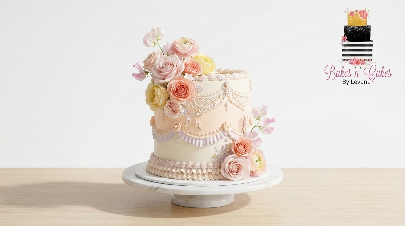 Ivory cake with pastel piping and fresh roses