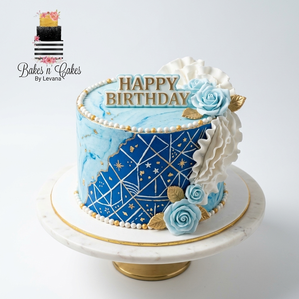 Blue marble cake with gold detailing and sugar roses