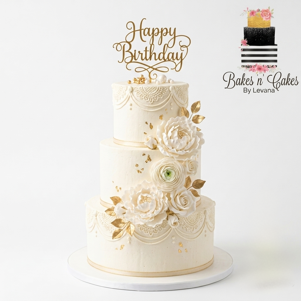 Three-tier ivory and gold wedding cake with sugar peonies