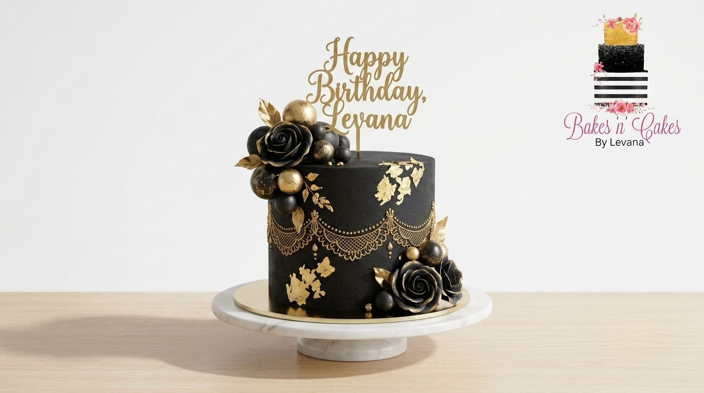 Black cake with gold leaf and sugar roses